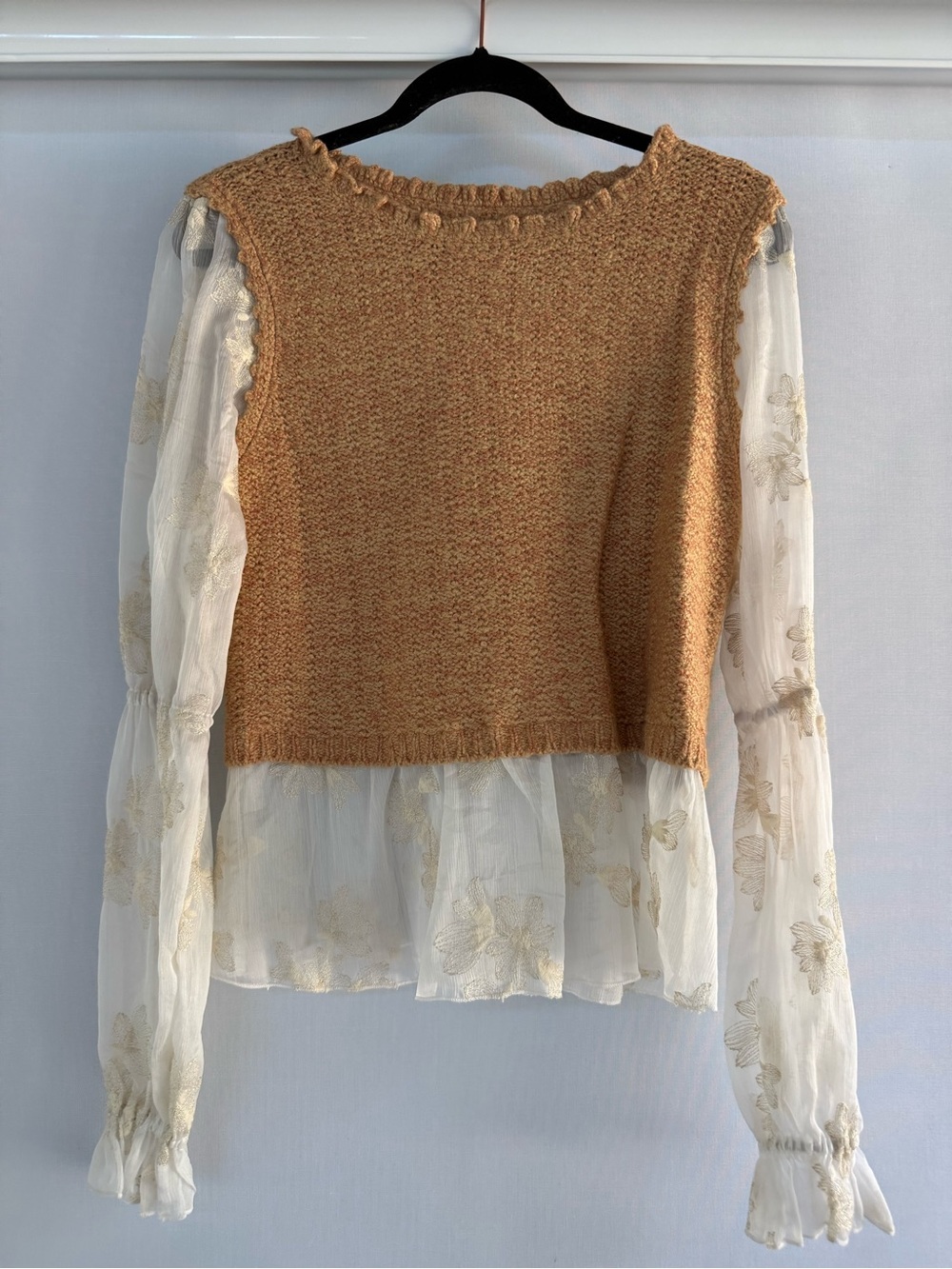 Anthropologie Camel Knit Tank with Cream Sheer Floral Sleeves